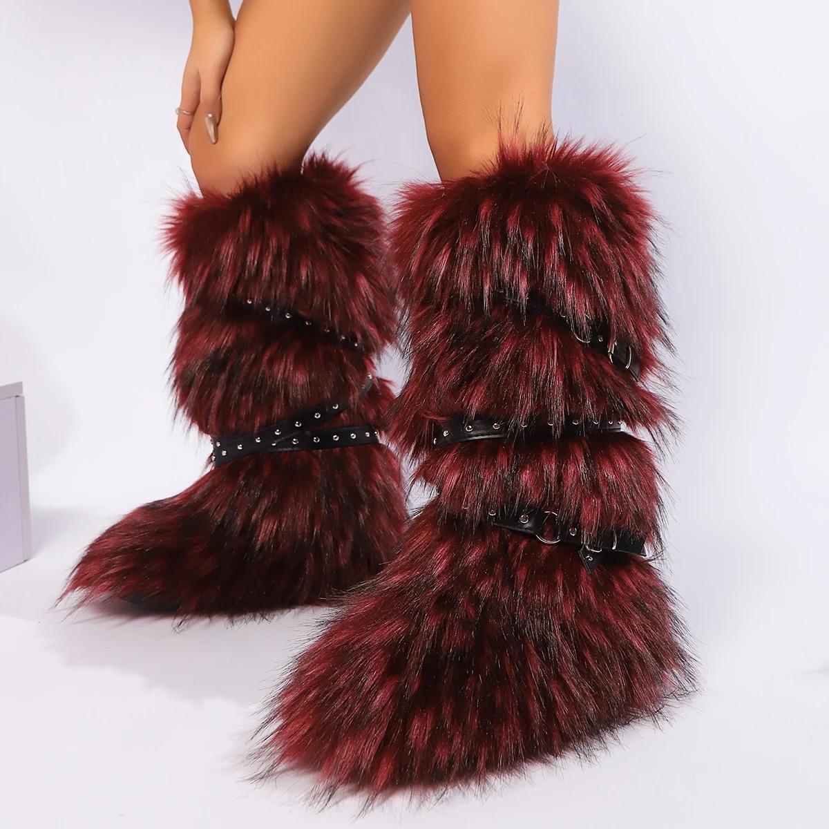 Winter  New Design Onepiece Raccoon FurFemale Snow   shoes OutdoorMid Leg  y2k Cool Pink Women Girl Footwear fur boots Black Comfort