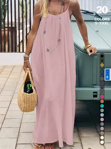 Open-Back Drawstring Camisole Maxi Dress, Loose Flowy Vacation Style, Plus Size Friendly, 20 Colors, Sizes S-Xxxl, Beach & Casual Wear