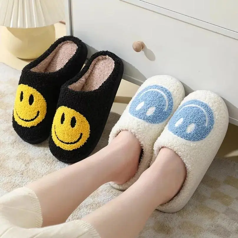Unisex Fuzzy Smile Face Plush House Slippers - Warm Acrylic Slip-on Indoor Shoes with Non-Slip Sole