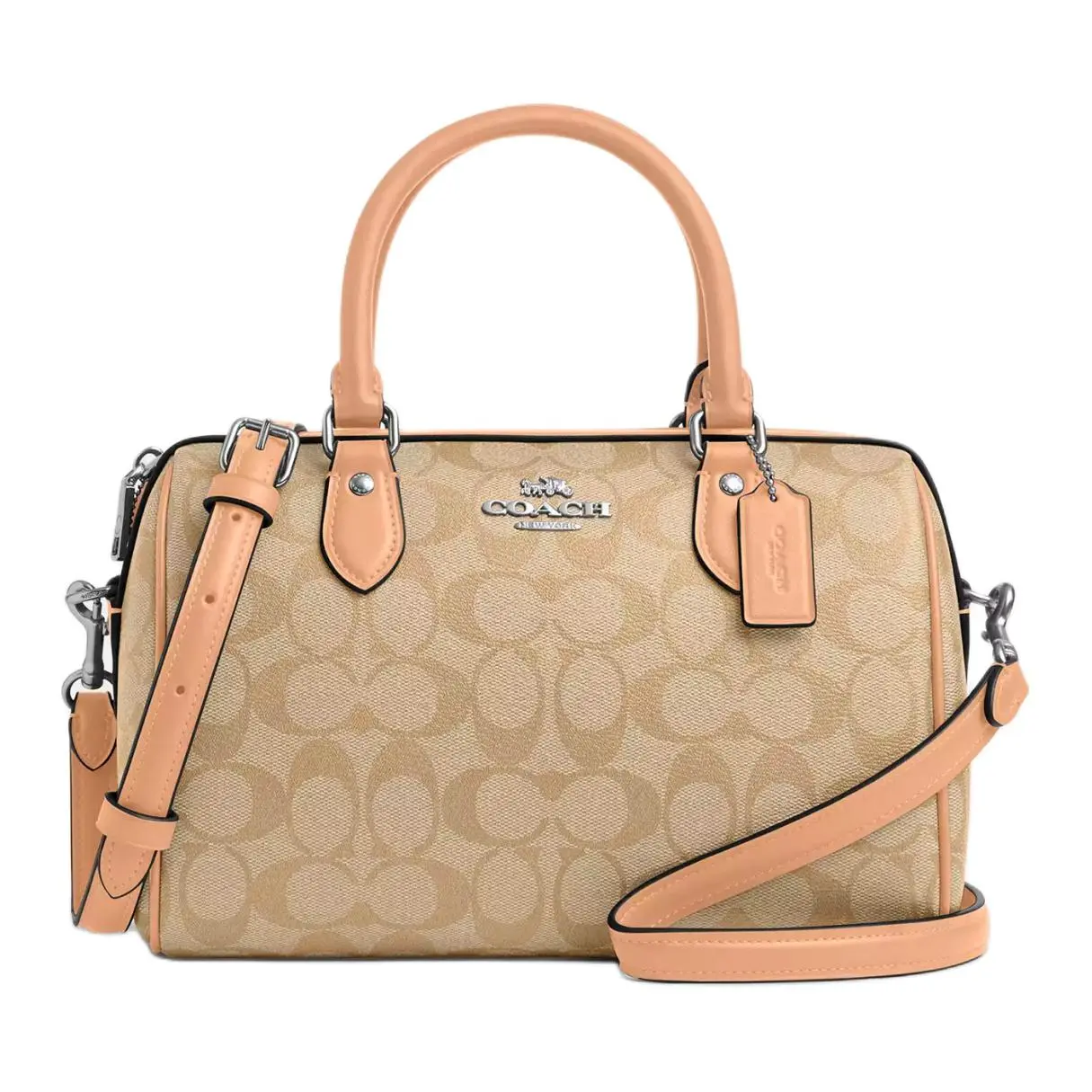 COACH Rowan 26 Medium Handbag for Women – Vintage-Style Zip Closure, Coated Canvas and Recycled Leather, Silver and Light Khaki