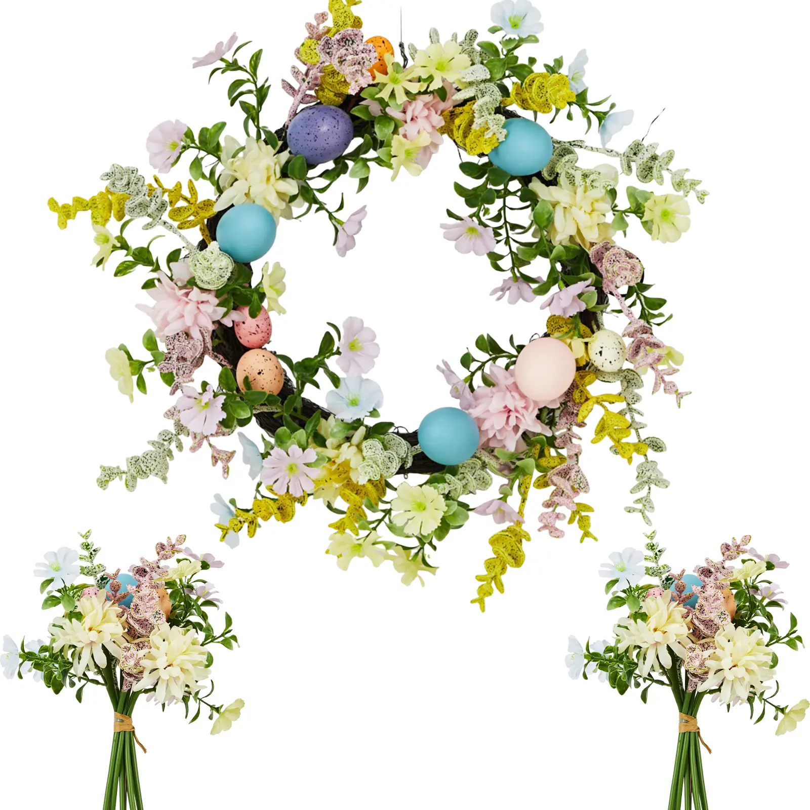Easter Egg Spring Wreath for Front Door – 18in Artificial Floral Wreath with Colorful Eggs, Lush Greenery, Real Rattan Base, 2 Matching Bouquets