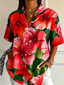 2026 Women's Summer New Tropical Large Flower Print Shirt, Beach Vacation Style Loose Fit Slim Short Sleeve Top