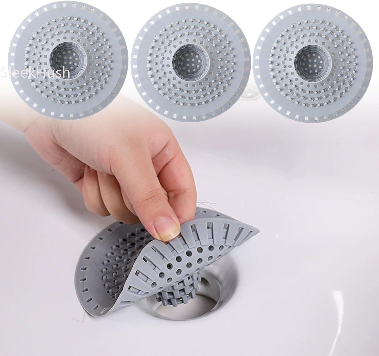 Silicone Bathtub Drain Hair Catcher – 3PCS Shower Drain Protector for 1.48" to 1.76" Regular Drains – Easy-to-Clean and Reusable Grey