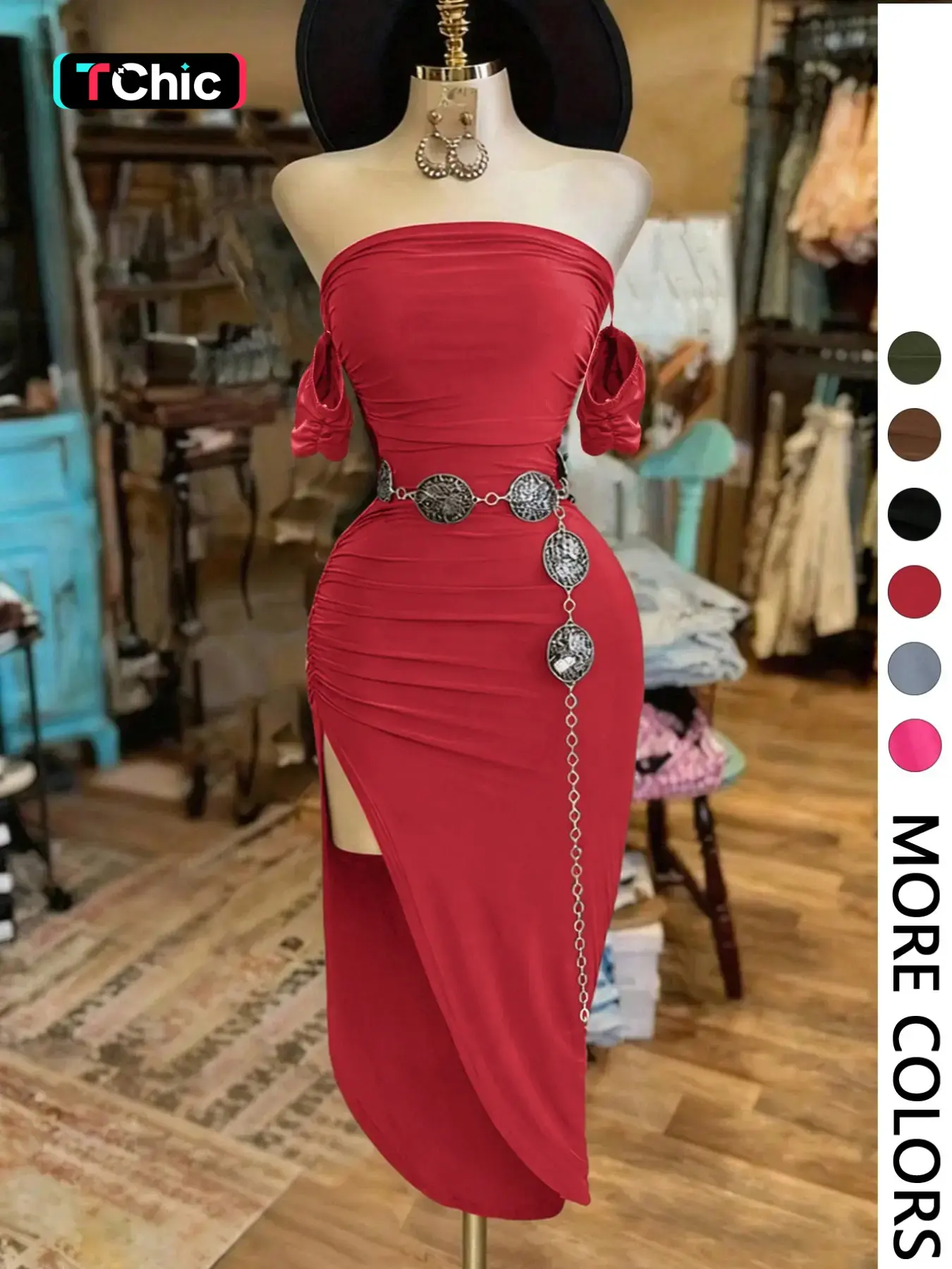 1 Piece Spring & Summer Sexy Off-Shoulder Ruched Bodycon Maxi Dress - High Slit Design Alluring Style for Evening Events and Clubwear （Belt not included）