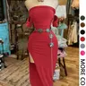 1 Piece Spring & Summer Sexy Off-Shoulder Ruched Bodycon Fit Maxi Dress - High Slit Design Alluring Style for Evening Events and Clubwear （Belt not included）
