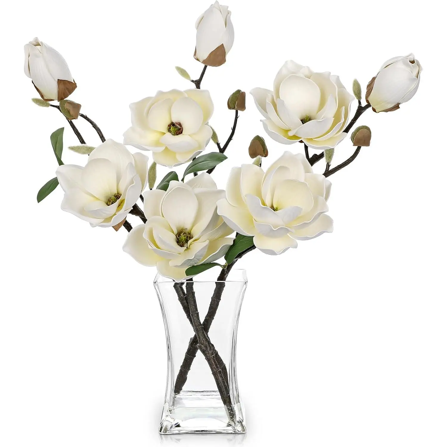 Briful Artificial Magnolia Flower Arrangement with Glass Vase, 18.5in White Faux Floral Centerpiece for Elegant Home Office Room Table Shelf Decor (Ideal for Floral & Room Styling Needs), Floral Decor
