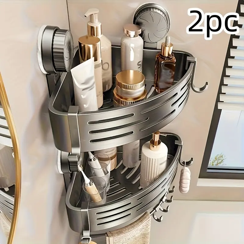 2-Pieces Triangular Durable Plastic Wall Suction Cup Shelves - Drill-Free Corner Fit Bathroom Storage Solution for Maximizing Bathroom's Functionality, Sink & Toilet Organization