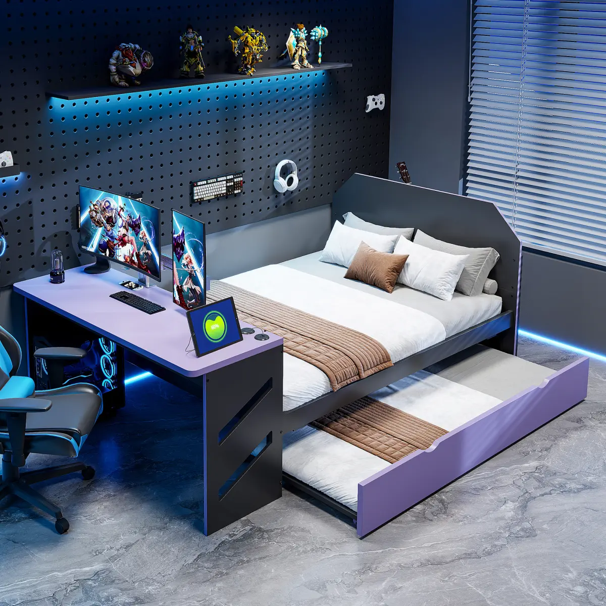 Full Size Platform Daybed with Twin Size Trundle,Desk and USB, Wooden Bed Frame with Sturdy Slats, No Box Spring Neede, Black+Purple