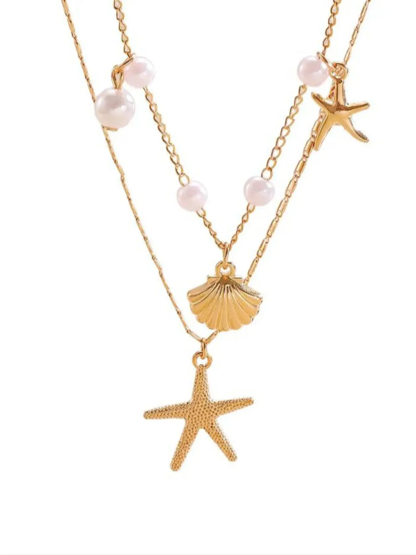 Summer Beach Layered Necklace for Women, Starfish Shell Pendant, Double Chain with Pearl Beads, Elegant Ocean Themed Jewelry, Boho Vacation Gift