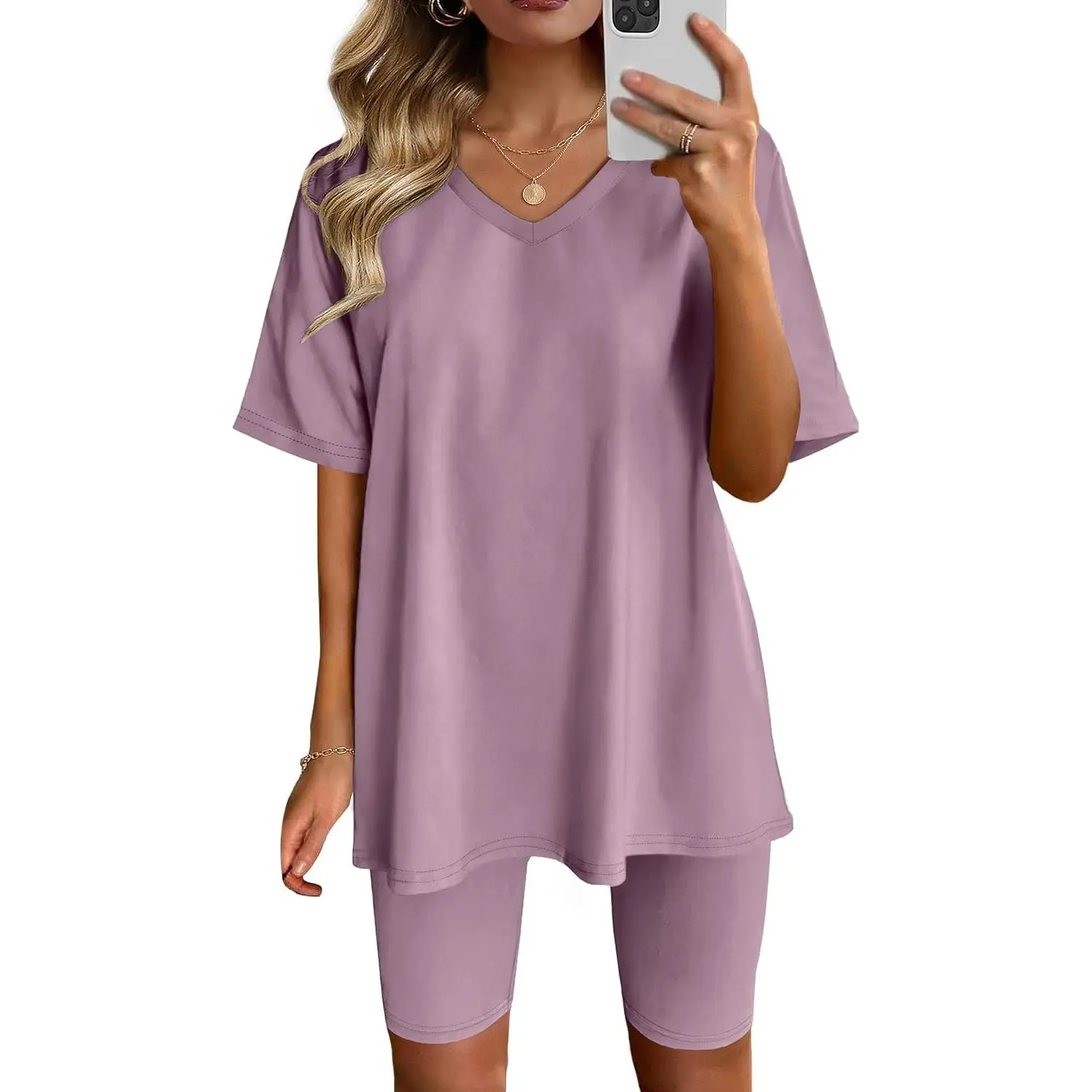 2026 AGSEEM Two Piece Outfits For Women Summer V Neck T-Shirt Tops Biker Shorts Workout Sports Tracksuit