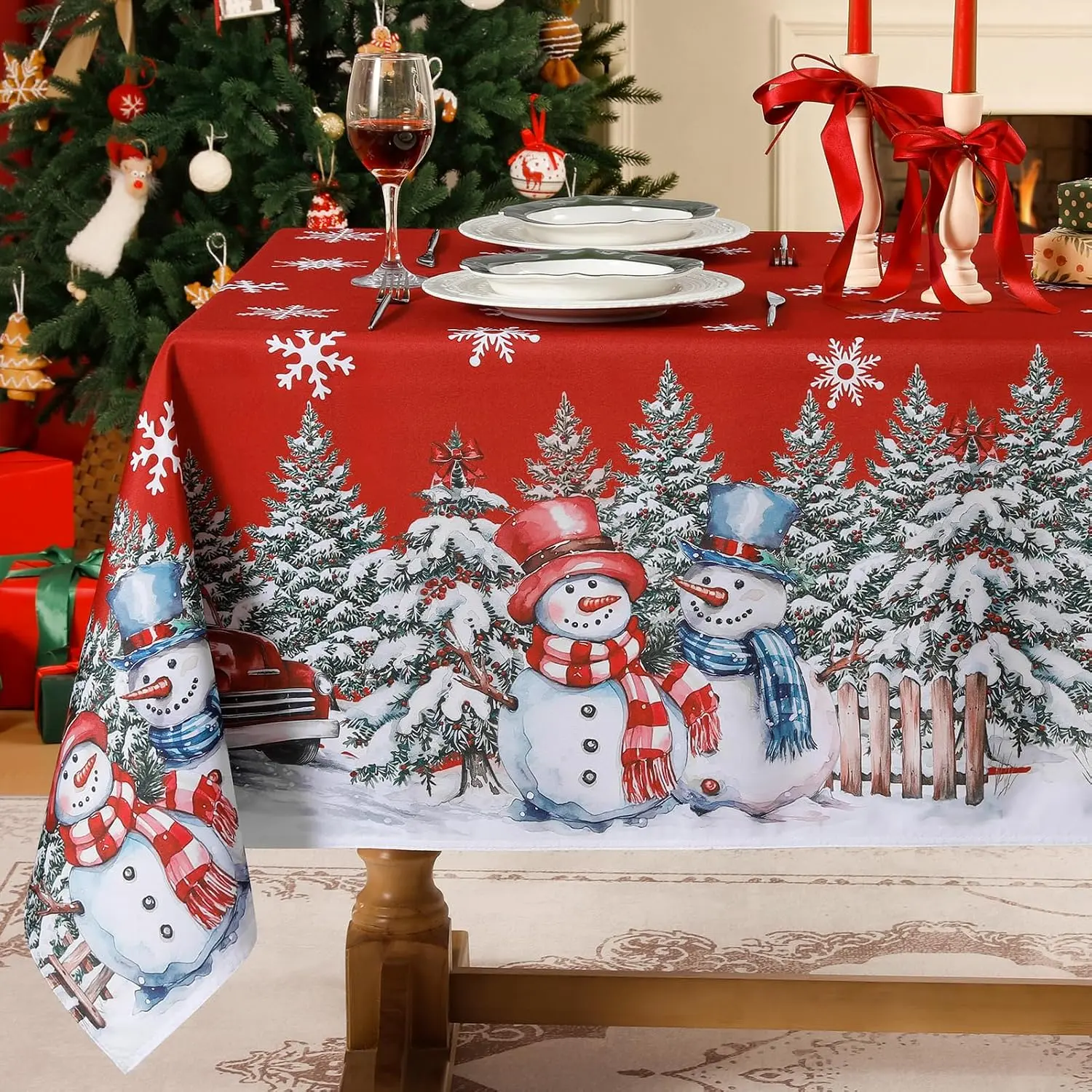Softalker Christmas Polyester Tablecloth - Rectangle 60x102 in Print Design, Winter Snowman Truck Red Stainresist Table Cover for Kitchen Holiday Dinner Party, Farmhouse Style