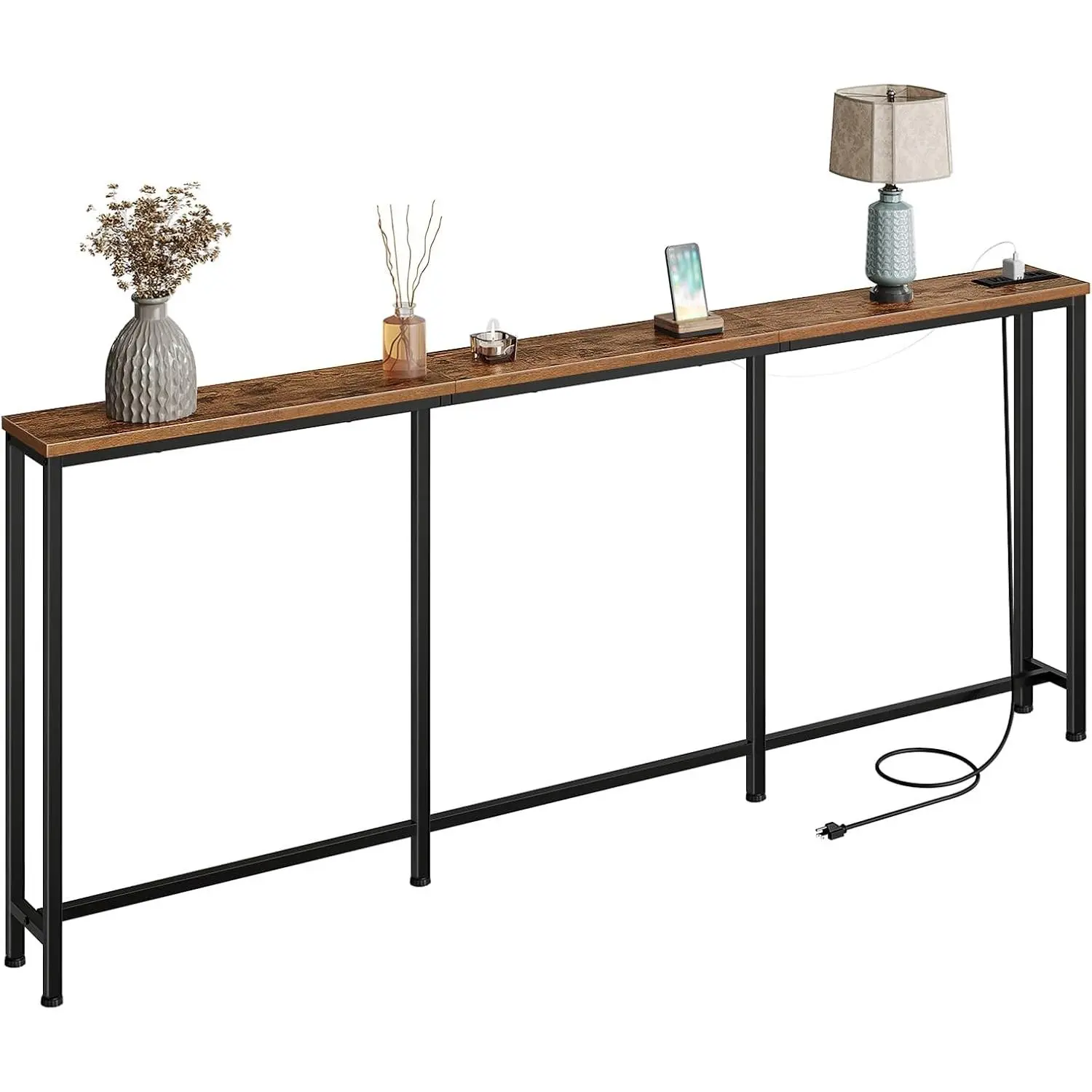 78.7'' Narrow Console Table with Power Outlet 7.1" Skinny Sofa Table, Long Behind Couch Table with  Station, Entryway Table for Hallway, Living Room Rustic Brown and Black TXG20UBF
