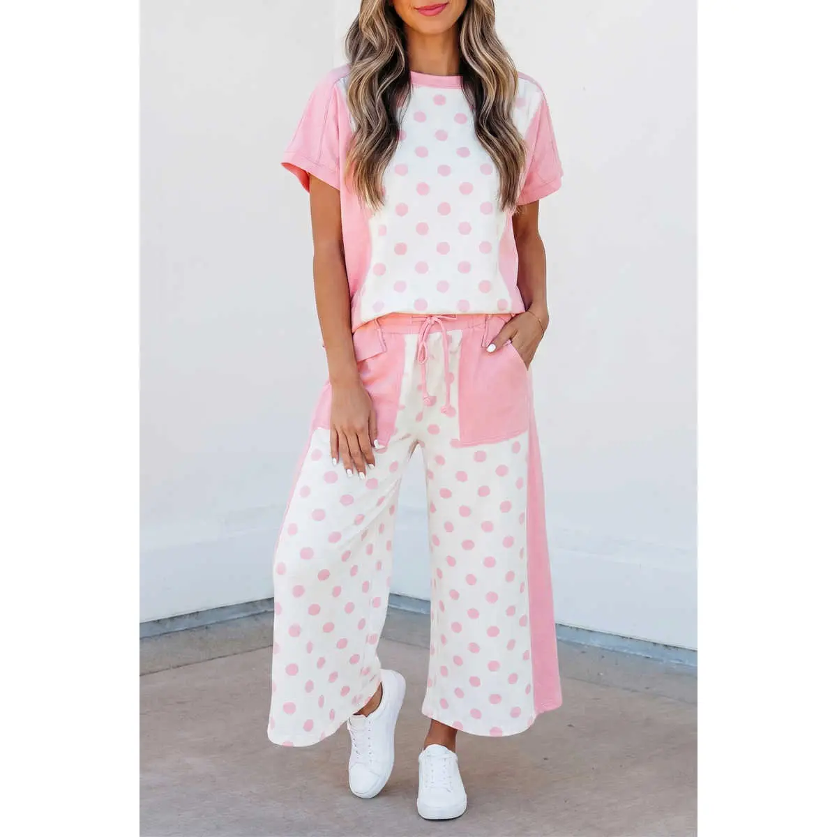 Pink Color Block Patchwork Polka Dot Wide Leg Pant Set
