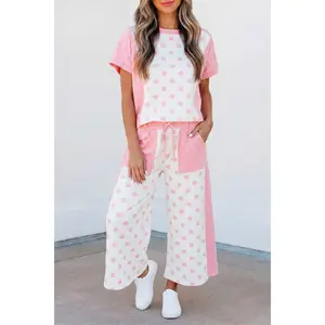 Pink Color Block Patchwork Polka Dot Wide Leg Pant Set