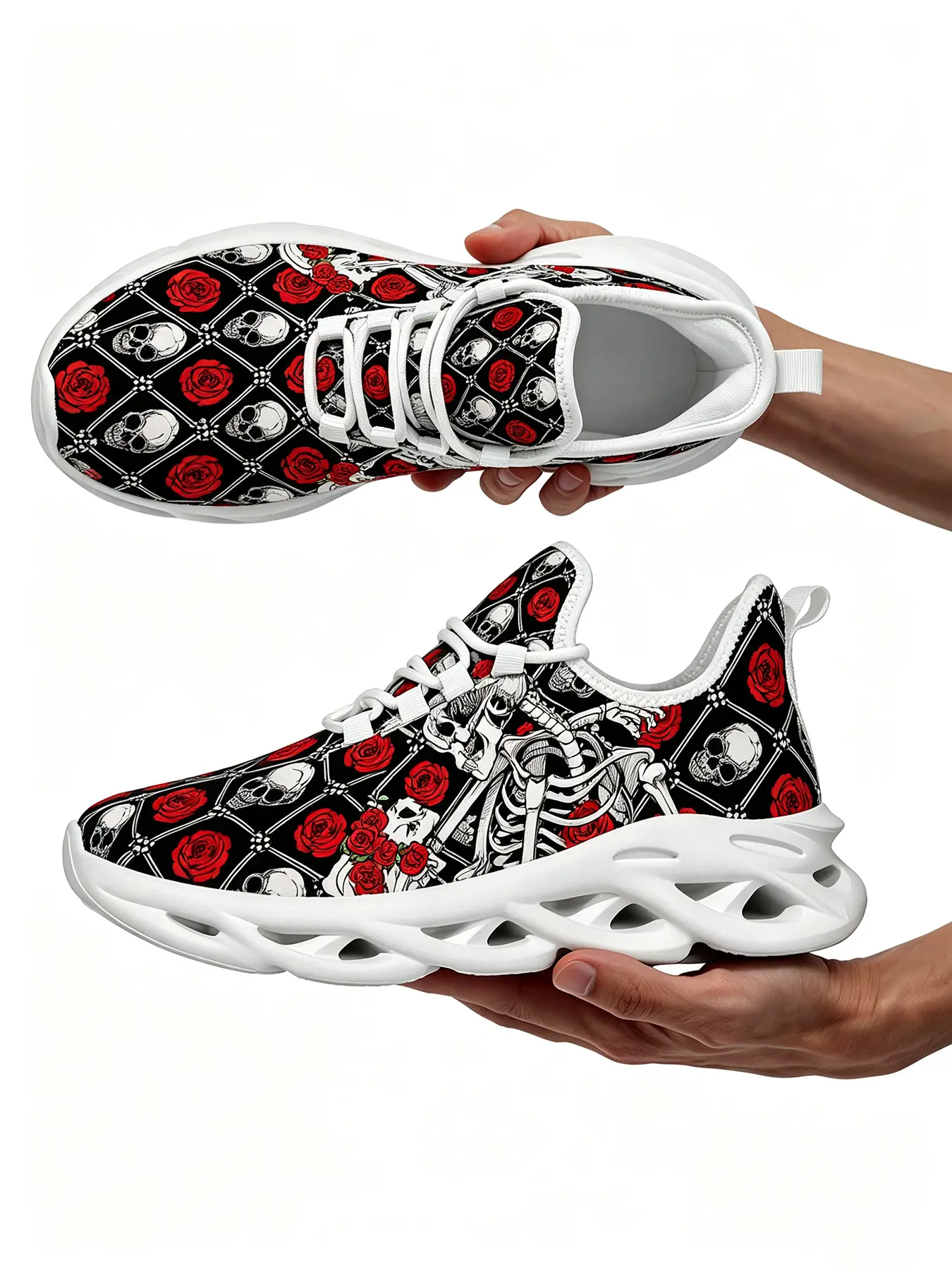 Gothic Punk Skull Skeleton & Red Rose Platform Sneakers, Breathable Mesh Lace Up Chunky Walking Shoes, Fashion Graphic Blade Sole Casual Trainers for Men Women Halloween Streetwear Outfit