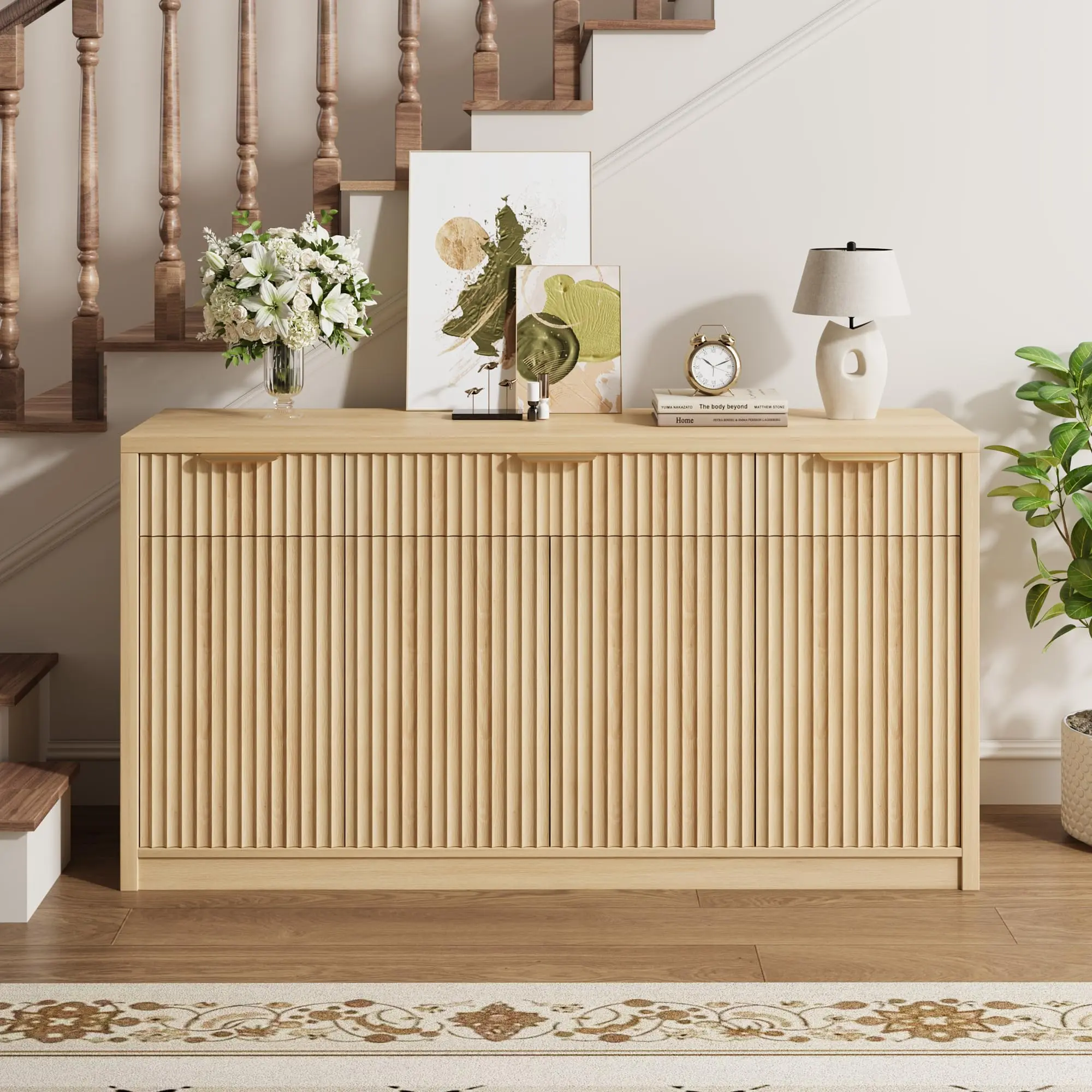 55" Buffet Sideboard Cabinet with Fluted Doors | Modern Storage Credenza with 3 Drawers | Coffee Bar Storage Cabinet for Dining Room, Kitchen & Living Room | Floor Standing Organizer Cabinet