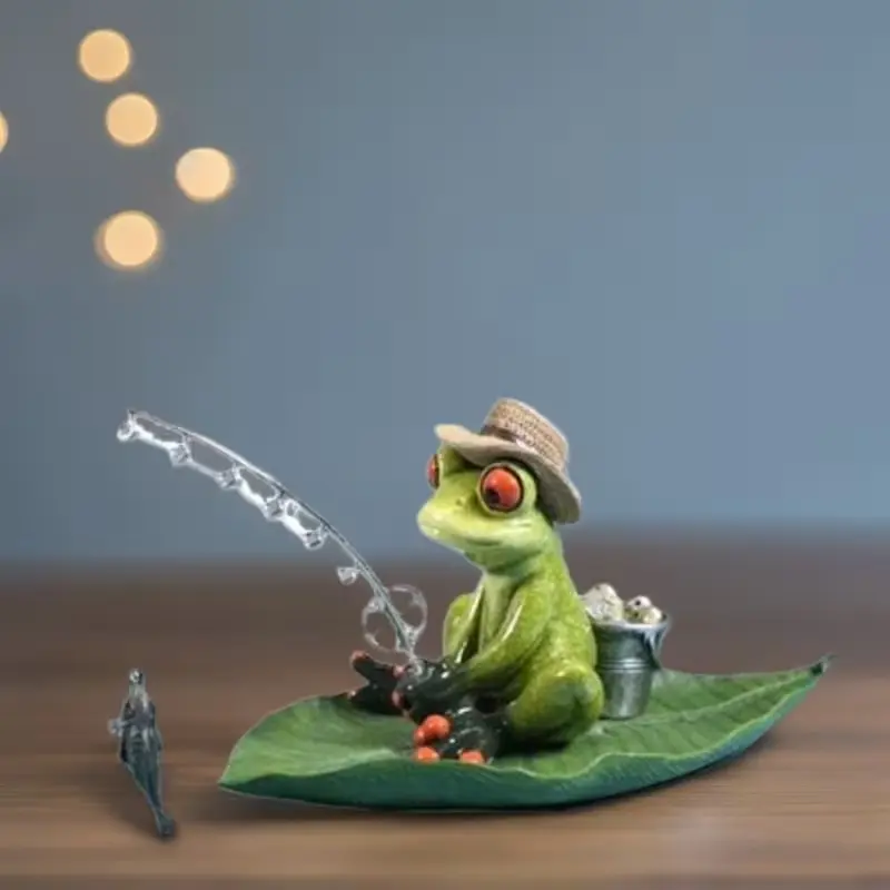 7.5"w Frog Fishing on Lily Pad Figurine, Decorative Resin Statue for Home, Office, Bookshelf, Unique Collectible, Perfect Gift