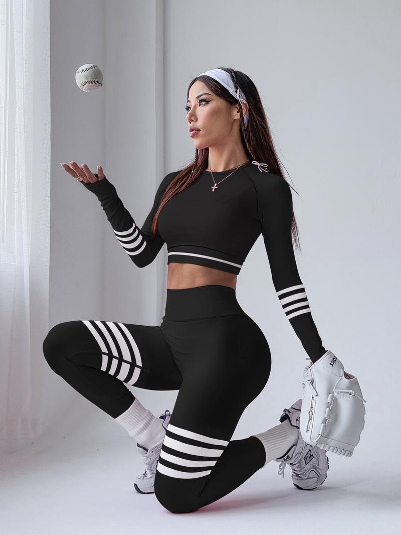 Women's Striped Print Sports Bra & Leggings & Crop Top Tracksuit Set, Sporty Breathable Comfy Outfits for Yoga Gym Workout Running, Ladies Sportswear for All Seasons, Athletic Activewear Tracksuits, Workout Running Clothes