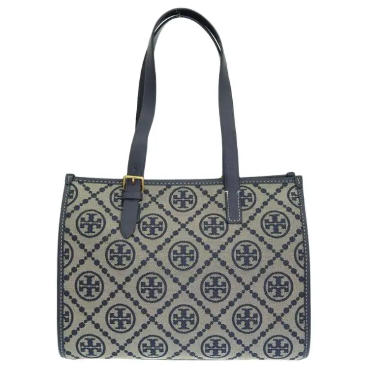 Tory Burch T Monogram 32 Tote Bag for Women – Jacquard and Leather, Navy Blue