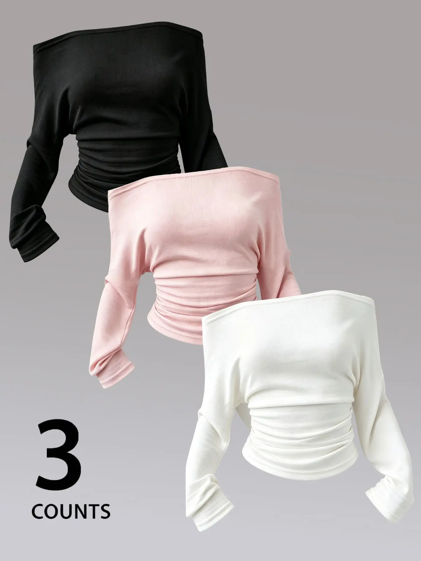 3 Pack Women Off Shoulder Long Sleeve Ruched Waist Crop Top, Y2K Coquette Slim Fitted Foldover Shoulder Going Out Blouse Set, Soft Stretchy Solid Color Casual Cropped Shirt, Feminine Aesthetic Basic Layering Tee, Elegant Daily Streetwear Top For Teen Girl