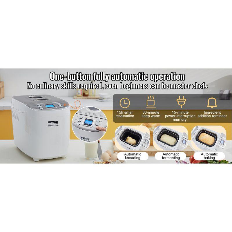 VEVOR Bread Maker, 15-in-1 3LB Dough Machine, Nonstick Ceramic Pan Automatic Breadmaker with Gluten Free Setting, Whole Wheat Bread Making, Digital, Programmable, 3 Loaf Sizes, 3 Crust Colors, White