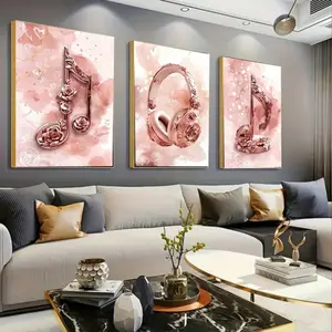 3 Pieces Pink Headphones Music Notes Art Prints, Music Wall Mural, Dynamic Home Art, Contemporary Gallery Decor, Soft Tone Painting, Wall Decor for Recording Studio and Study, Framed or Unframed.