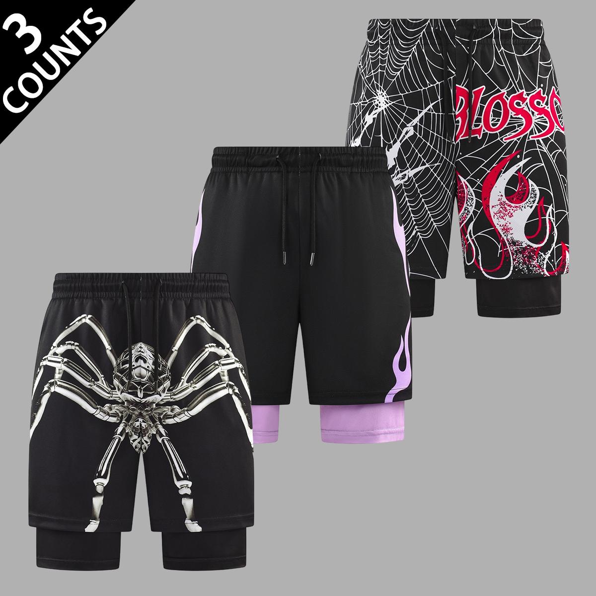 Edgy Graphic Mens Double Layered Athletic Short Gothic Spider Print Loose Fit Breathable Shorts for Daily Wear