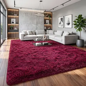 【Summer wins】BLIOWL Soft Fluffy Shag Area Rug Non Slip Rubber Back, Non Shedding Thick Plush Carpet, Kid Pet Friendly Easy Clean Floor Mat for Bedroom Living Room Dorm, Burgundy Red Black Light Gray Cream Multi Sizes