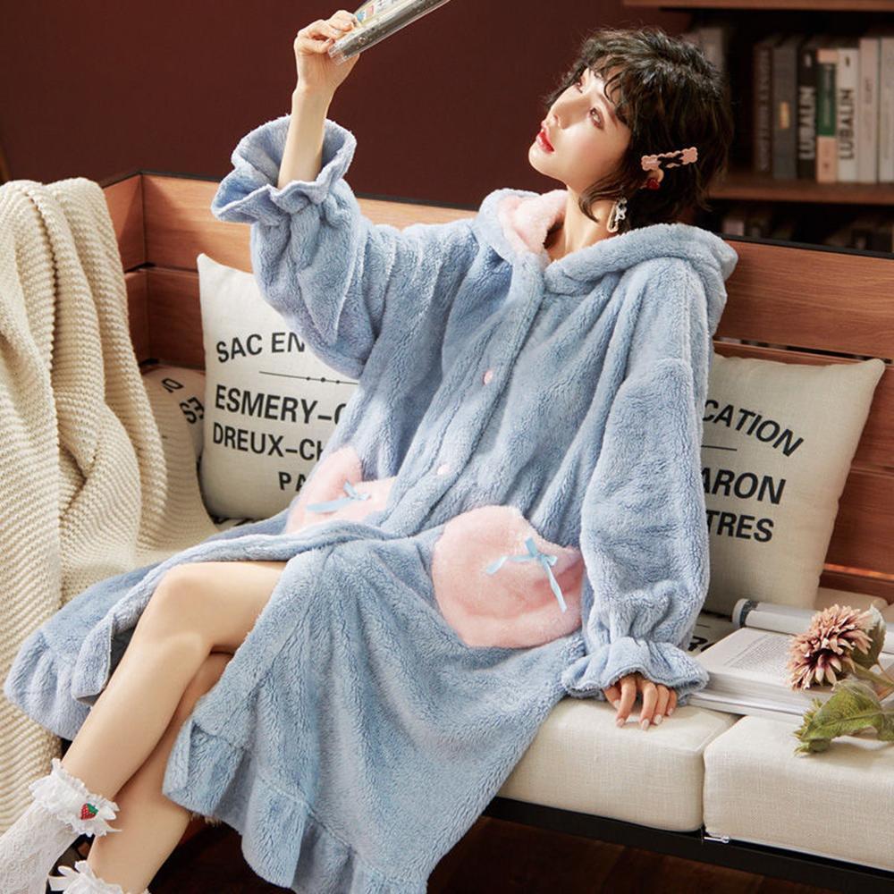 Winter Thick Hooded Flannel Nightgowns Women Warm Nightwear Princess Plush Bathrobes Cute Cartoon Lounge Wear Soft Sleepwear