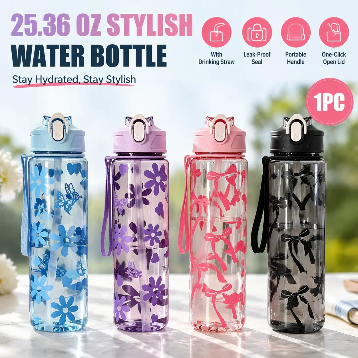 25.36oz Transparent Water Cup With Bow Decor, Clear Water Bottle, Fully Sealed Leakproof Sports Water Bottle With Drinking Straw & Convenient Carry Handle, Easy Open Pop Up Lid, High Practicality, Multi-Scene Use, Ideal For Long-Term Daily Carry