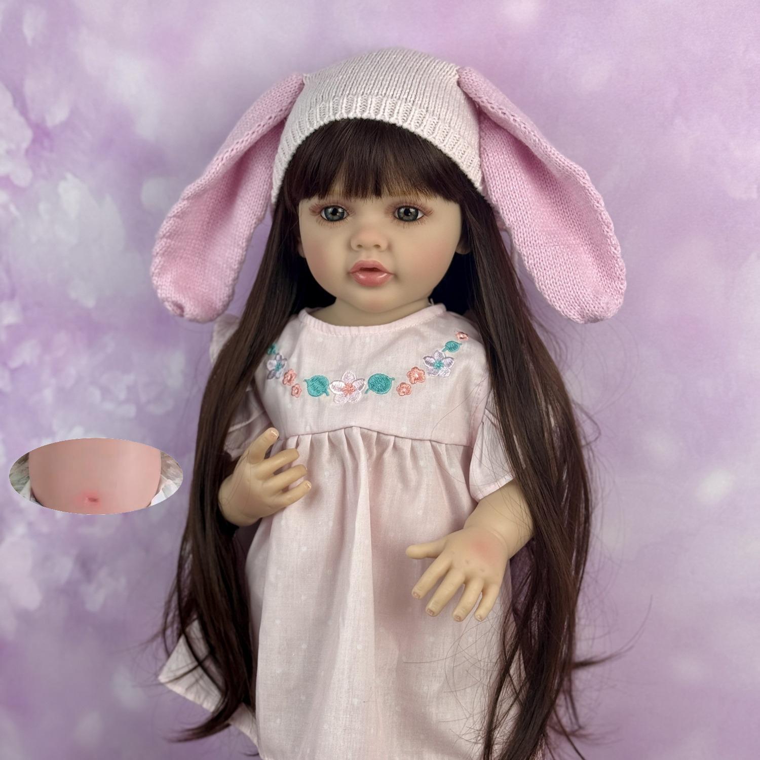 TopLink 55 CM Full Vinyl Body Reborn Baby Doll Toy For Girl Black Long Hair Princess Toddler Babies Doll Lifelike Birthday Gift Play House Bath Toy