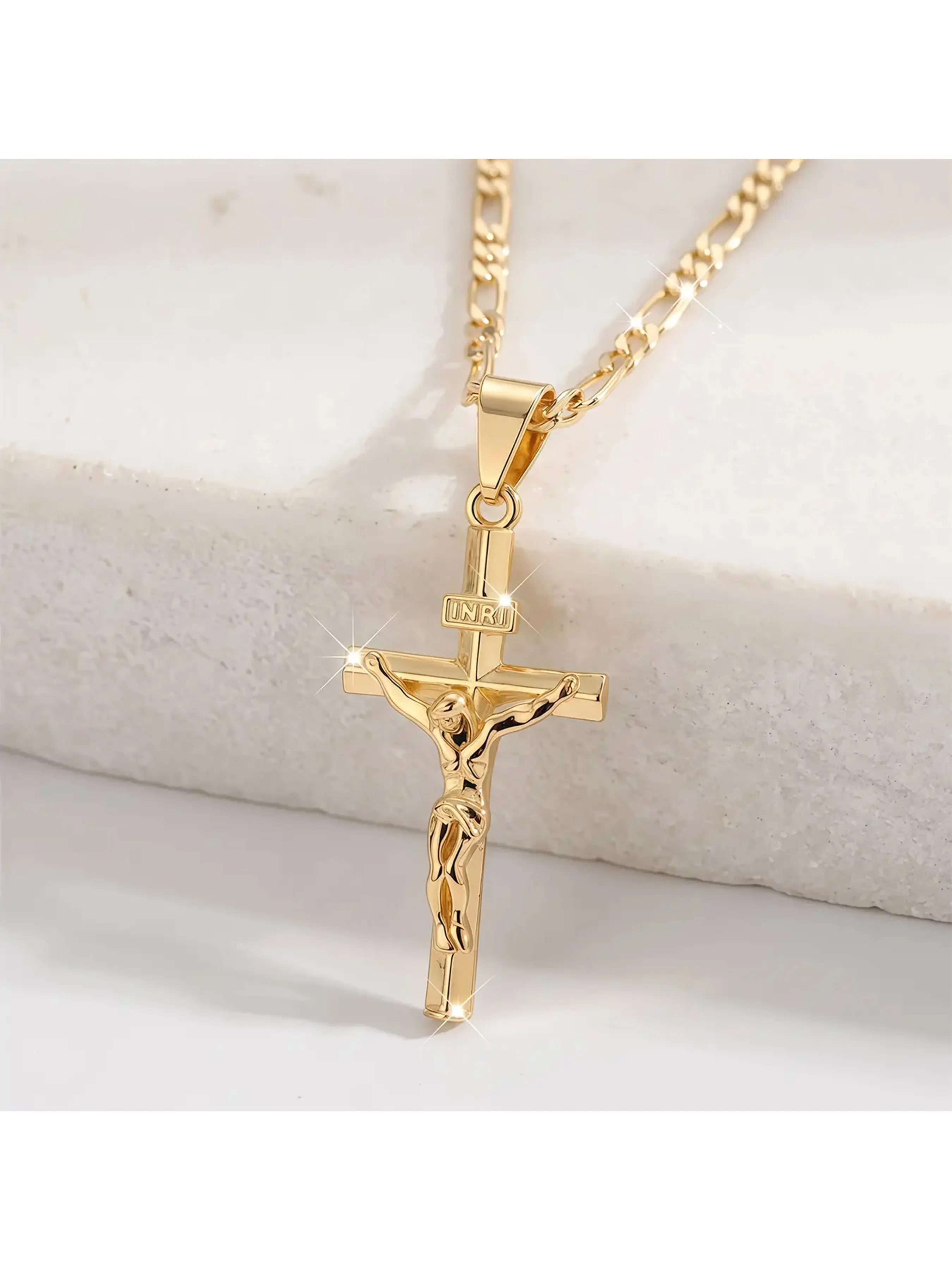 Men's Vintage 14k Jesus Cross Necklace, Smooth Sturdy Chain, Religious Costume Jewelry, Ideal for Daily Wear and Gifting