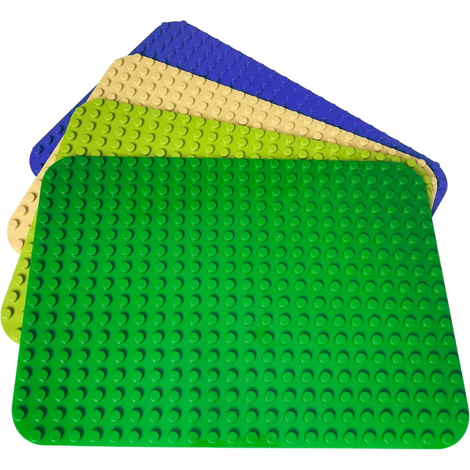4 Multicolor Building Block Base Plates, 15 x 10 Inch for Large Blocks Create sturdy builds with four large 15 x 10 inch base plates compatible with most large building blocks