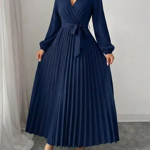 Spring & Autumn V-Neck Tie Waist Wedding Bridesmaid Dress, Elegant Chic Pleated Solid Long Sleeve Midi Dress, Formal Occasion Gown, Dresses For Wedding