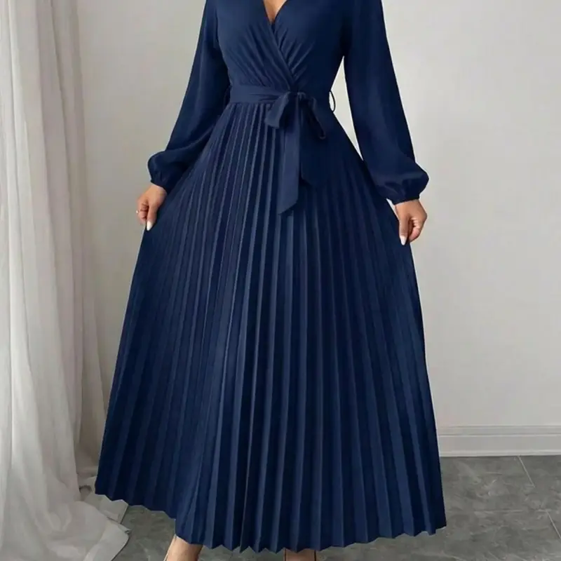 Spring & Autumn V-Neck Tie Waist Wedding Bridesmaid Dress, Elegant Chic Pleated Solid Long Sleeve Midi Dress, Formal Occasion Gown, Dresses For Wedding