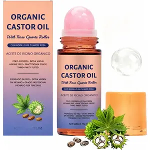 Organic Golden Castor Oil Roll-On with Rose Quartz |   Cold-Pressed, Hexane-Free |   Less Mess Applicator for Castor Oil Packs, Skin, Brows & Lashes