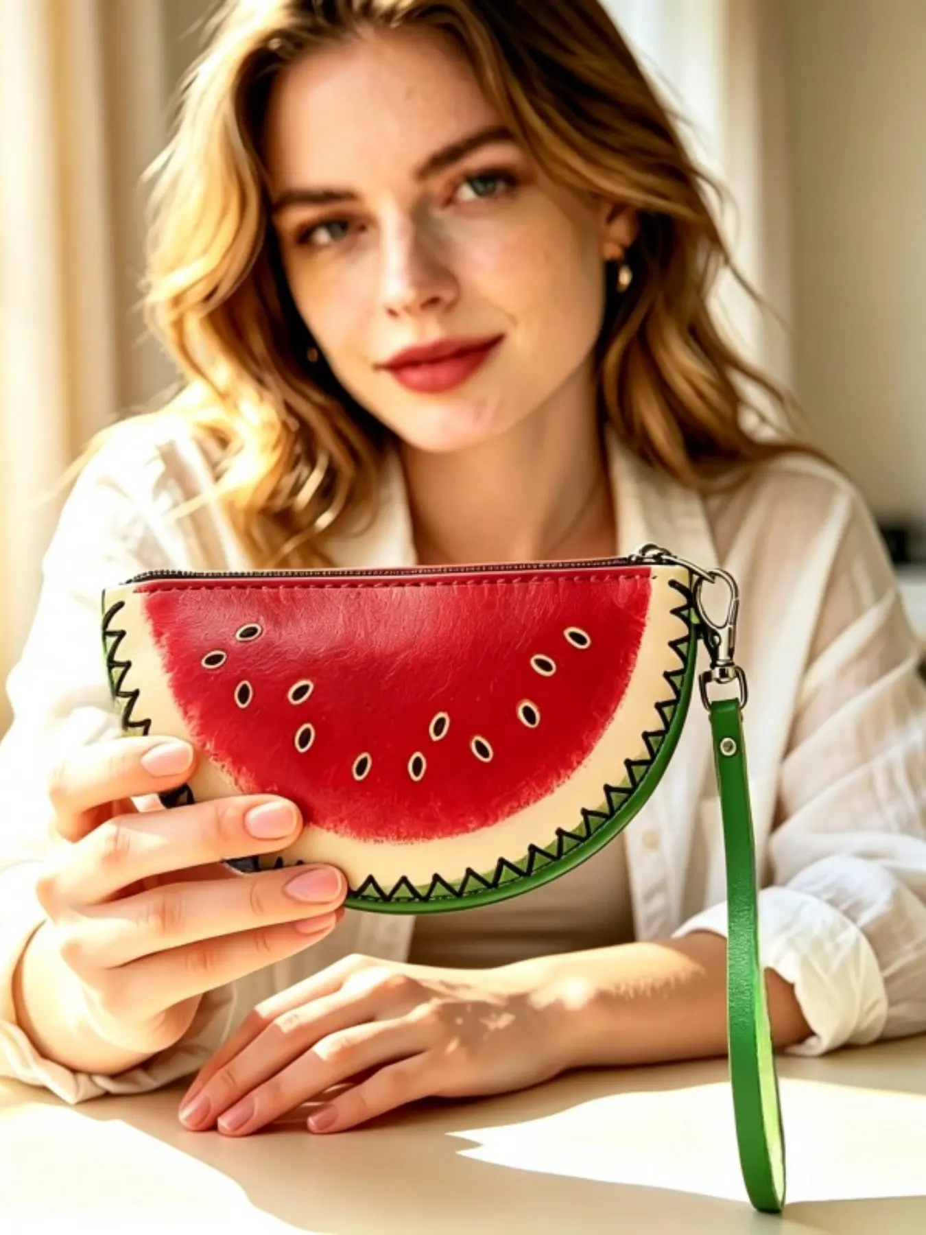 Handmade Cowhide Leather Coin Purse, Cute Fruit Series Watermelon Design, Fashionable and Portable, Ideal for Women, Holds Coins, Keys, Cards