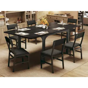 7 Piece Extendable Dining Table Set for 4 6 People Rectangle Table with Metal Frame MDF Board 6 Cushion Chairs Space Saving Design for Small Apartments Dining Living Rooms
