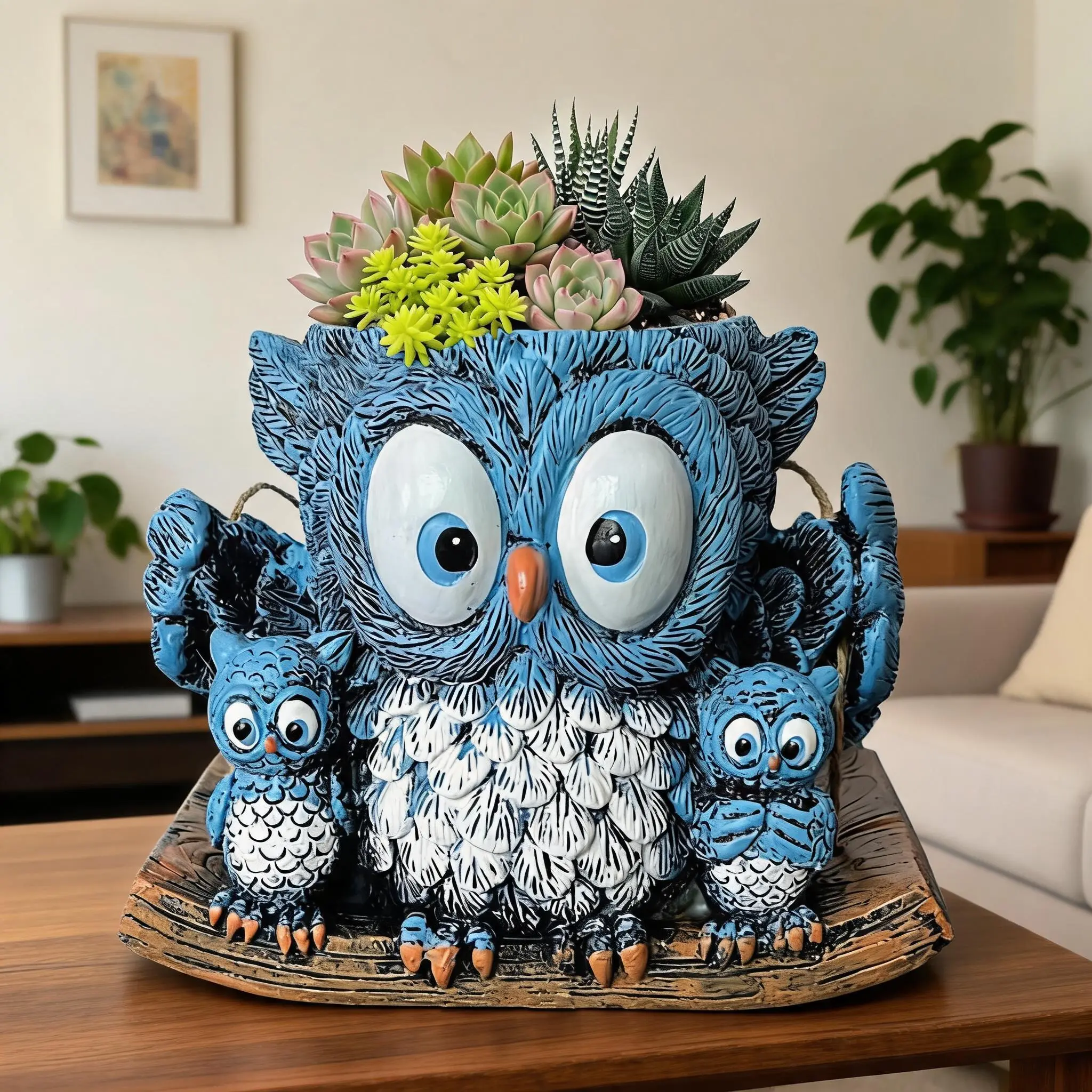 Owl Shape Resin Hanging Plant Holder, 5.9x4.53x3.94 in No-Drill Hemp Rope Planter, Weatherproof Outdoor Indoor Plant Holder for Hanging Flowers