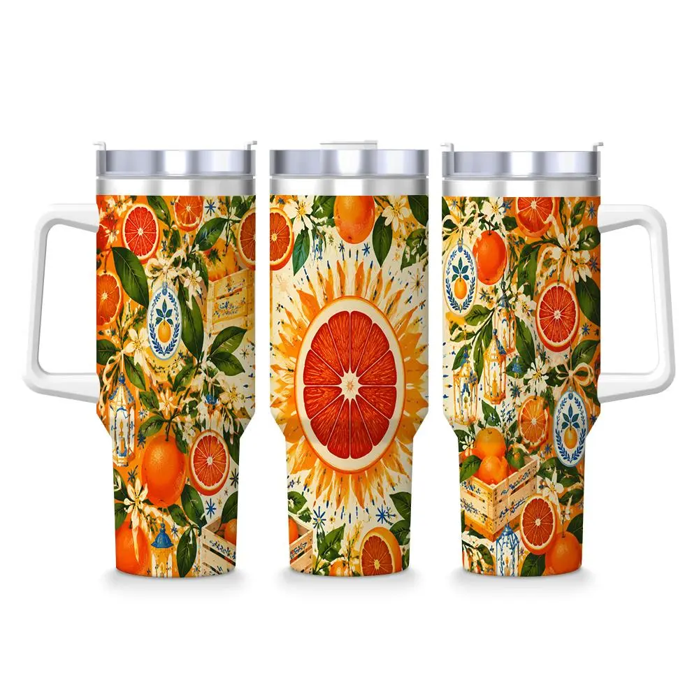 40oz 304 Stainless Steel Double-Wall Insulated Tumbler with Handle, Lid, Orange Slice Citrus Floral Print - Anti-Scald Travel Beverage Cup for Home Supplies