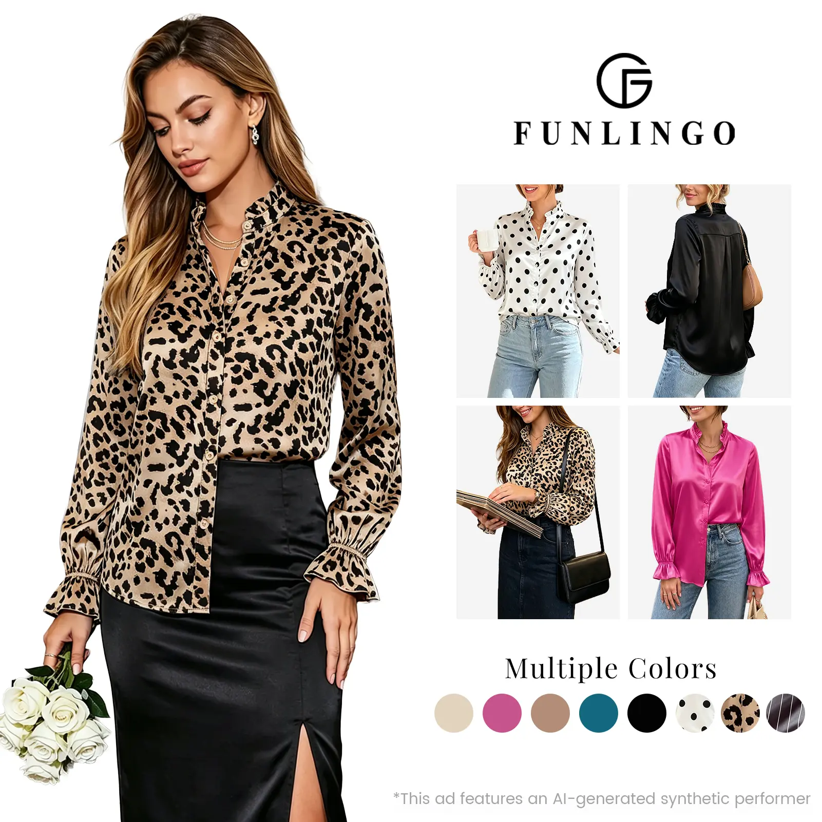Funlingo Women's Smooth Silky Satin Garment Blouse - Dressy Elegant Chic Ruffle Long-Sleeve Button-Down Top with Ruffled Collar, Cuffs, Minimalist Design, Knot Detail for Business Casual Fall Office Outfits, 2026 Fashion, Elegance, Fabric
