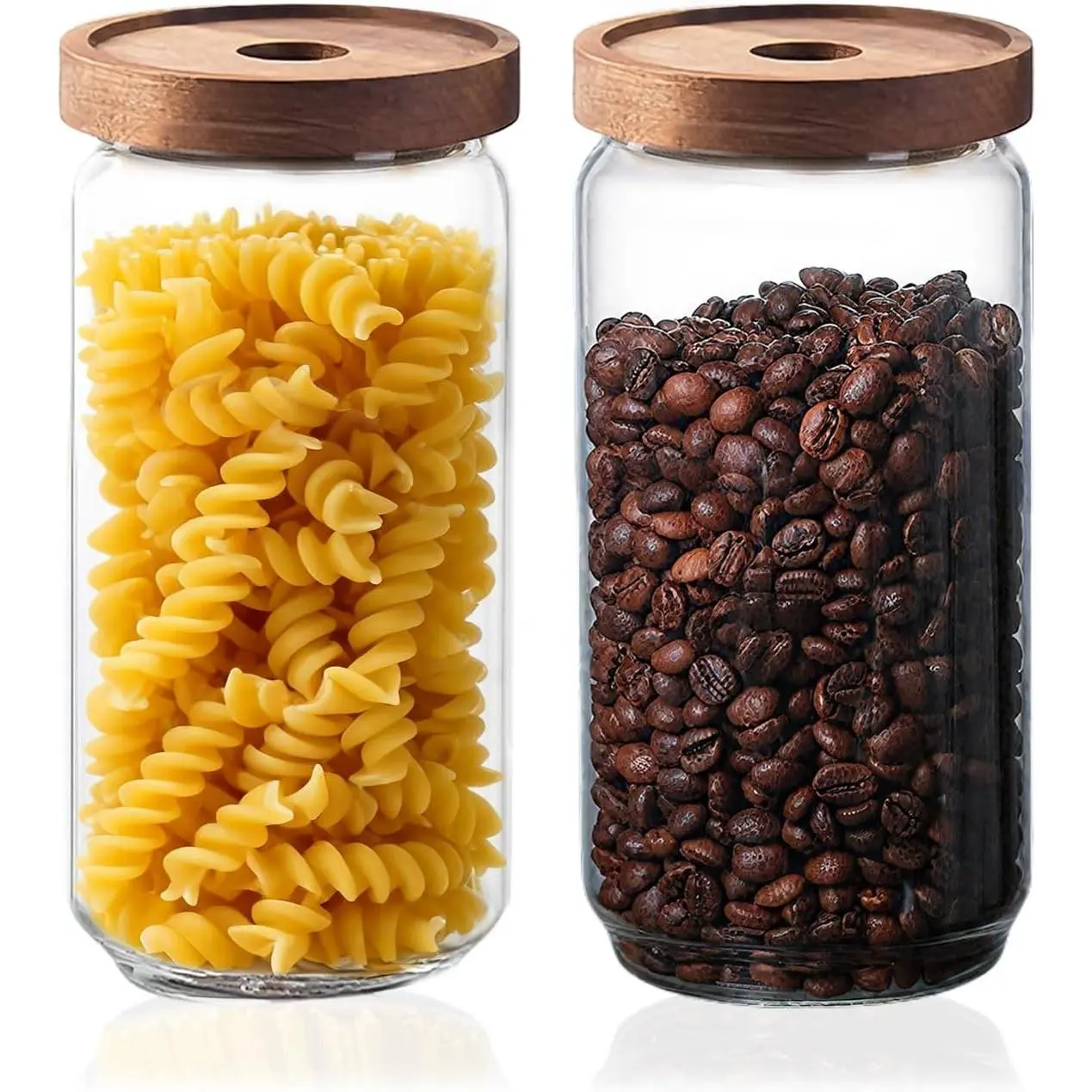 Glass Jars with Airtight Wood Lids - 34 OZ Kitchen Pantry Storage Containers, Decorative Canister for Fusilli, Spaghetti, Pasta, Sugar, Coffee Beans, Cereal, Oats, Candy, Cookie, Tea, Nuts, Set of 2