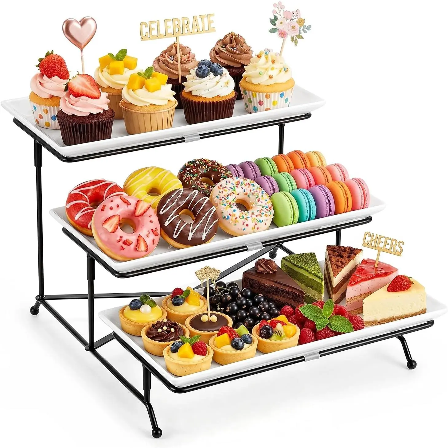 3 Tier Serving Trays for Party, Porcelain Serving Platters and Trays, 12 Inch Tiered Tray Stand, Fruit Tray, Trays for Serving , White Dessert Stand with Collapsible Sturdier Metal Rack