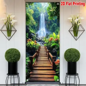 2D Flat Banner Polyester Photography Backdrop, HD Digitally Printed Waterfall Forest Wooden Bridge Nature Scene Background Cloth, Soft Lightweight Foldable Photo Studio Background for Video, Product Photography, Party Decor, and E