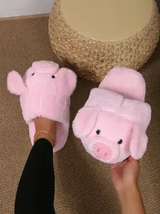 Women's Cute Cartoon Pig Slippers, Comfortable Lightweight Warm Quiet Soft Sole Indoor Bedroom Floor Toe Cover Shoes