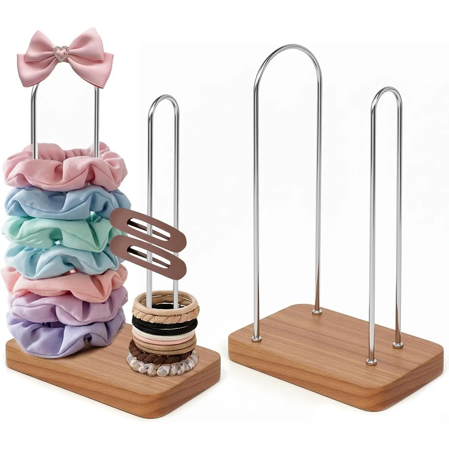 2-Pack 2-Tier Hair Tie Holder & Scrunchie Organizer () | Wooden base with  metal rods, holds 100-140 hair accessories, scrunchies & hair ties storage, for , dresser, desk