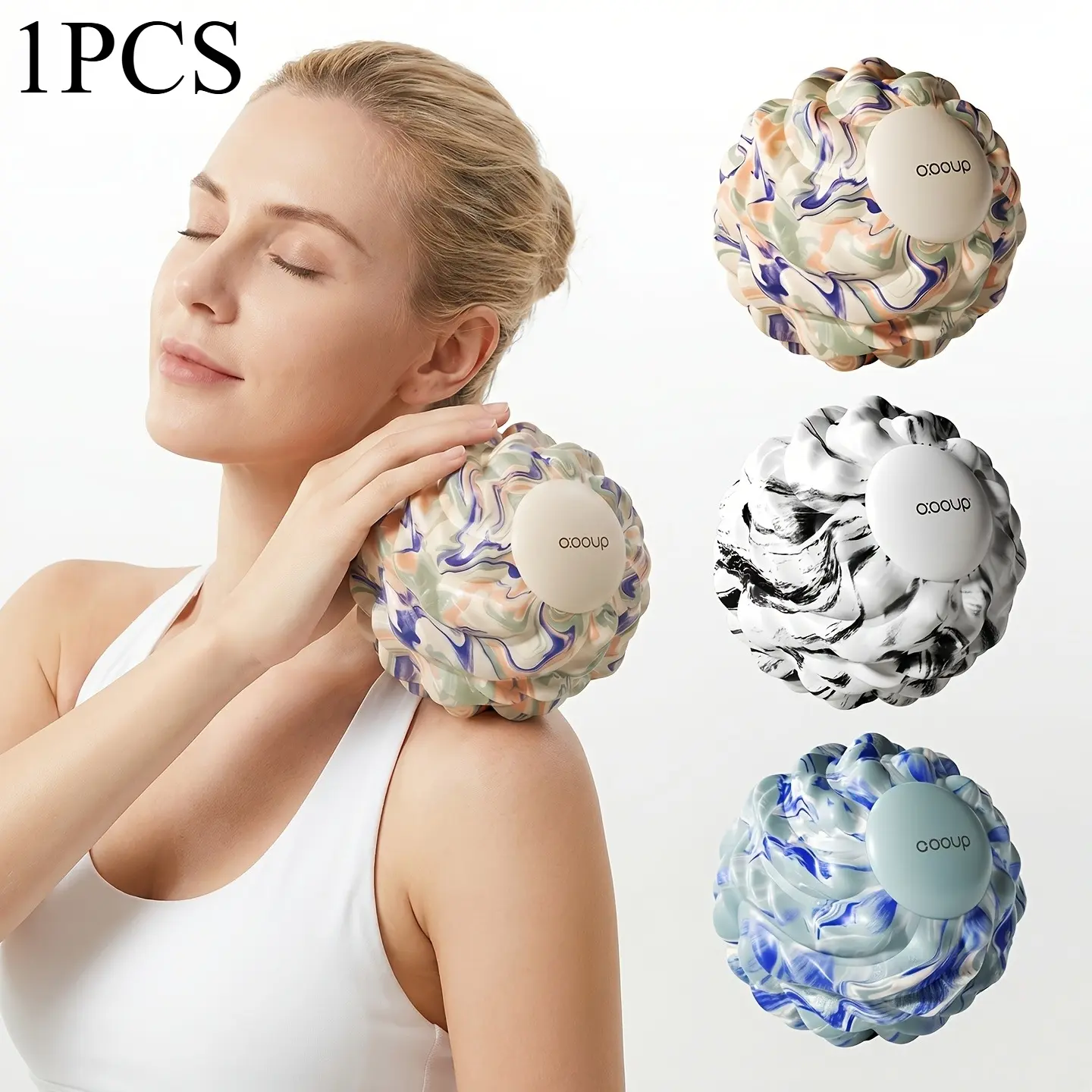Durable EVA fascia ball with wavy spiral texture, measuring 12.5 cm. It can be used to massage the waist, back, feet, shoulders, neck, legs and arms, helping with deep tissue pressure relief, muscle relaxation, stretching and overall body soothing.