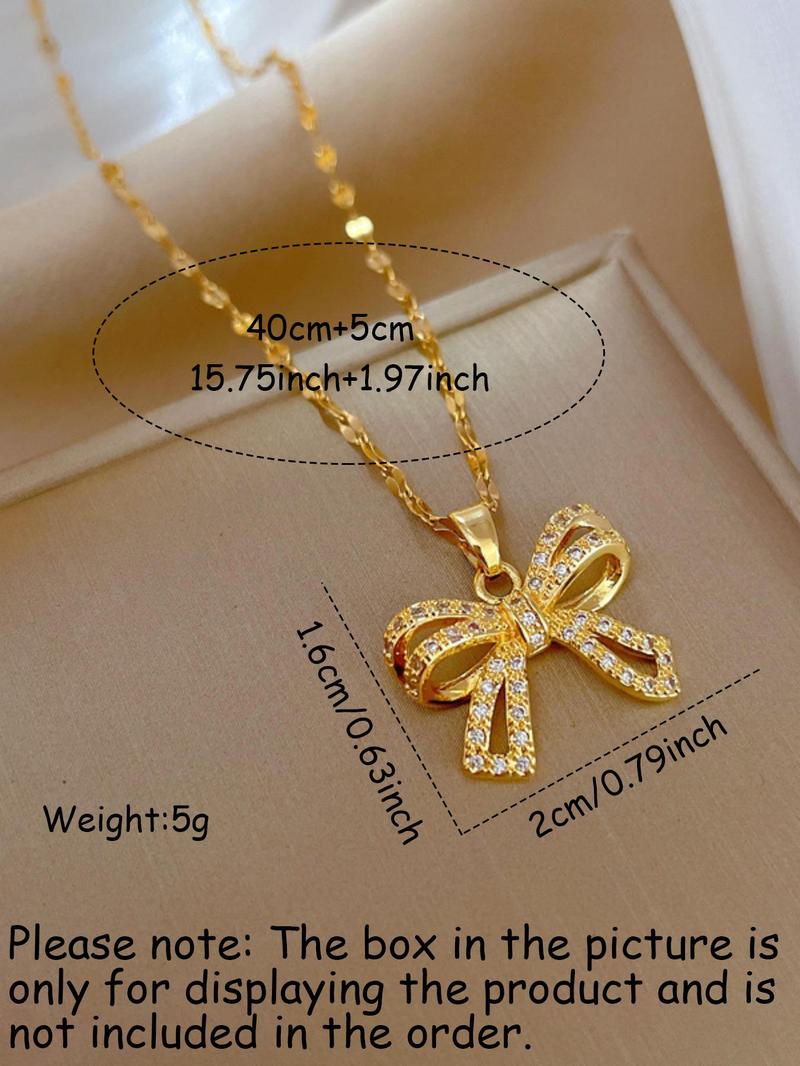 Elegant Rhinestone Bow Decor Pendant Necklace for Women for Gift, Jewelry Gifts, 2024 Trendy Stainless Steel Matching Jewelry, Luxury Shiny Dainty Accessory, Statement Necklace