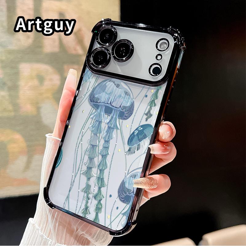 Deep Sea Jellyfish Pattern Phone Case for iPhone 17 Pro Max 16 15 Plus Air 14 13 12 11 E Electroplated Four-Corner Anti-Fall Protection Cellphone Cover