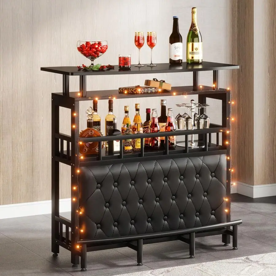 Bar Unit Home Liquor, Black Entertainment Bar Upholstered Bar Table with Storage and Metal Front Footrest Home,Balcony